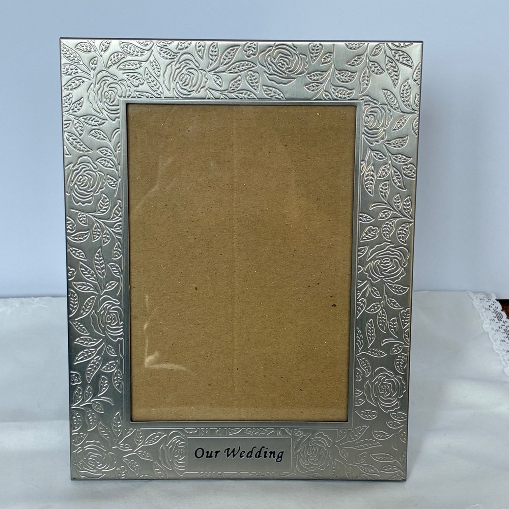 Malden Our Wedding Silver Metal Floral Rose Embossed 5x7 Picture Frame Portrait